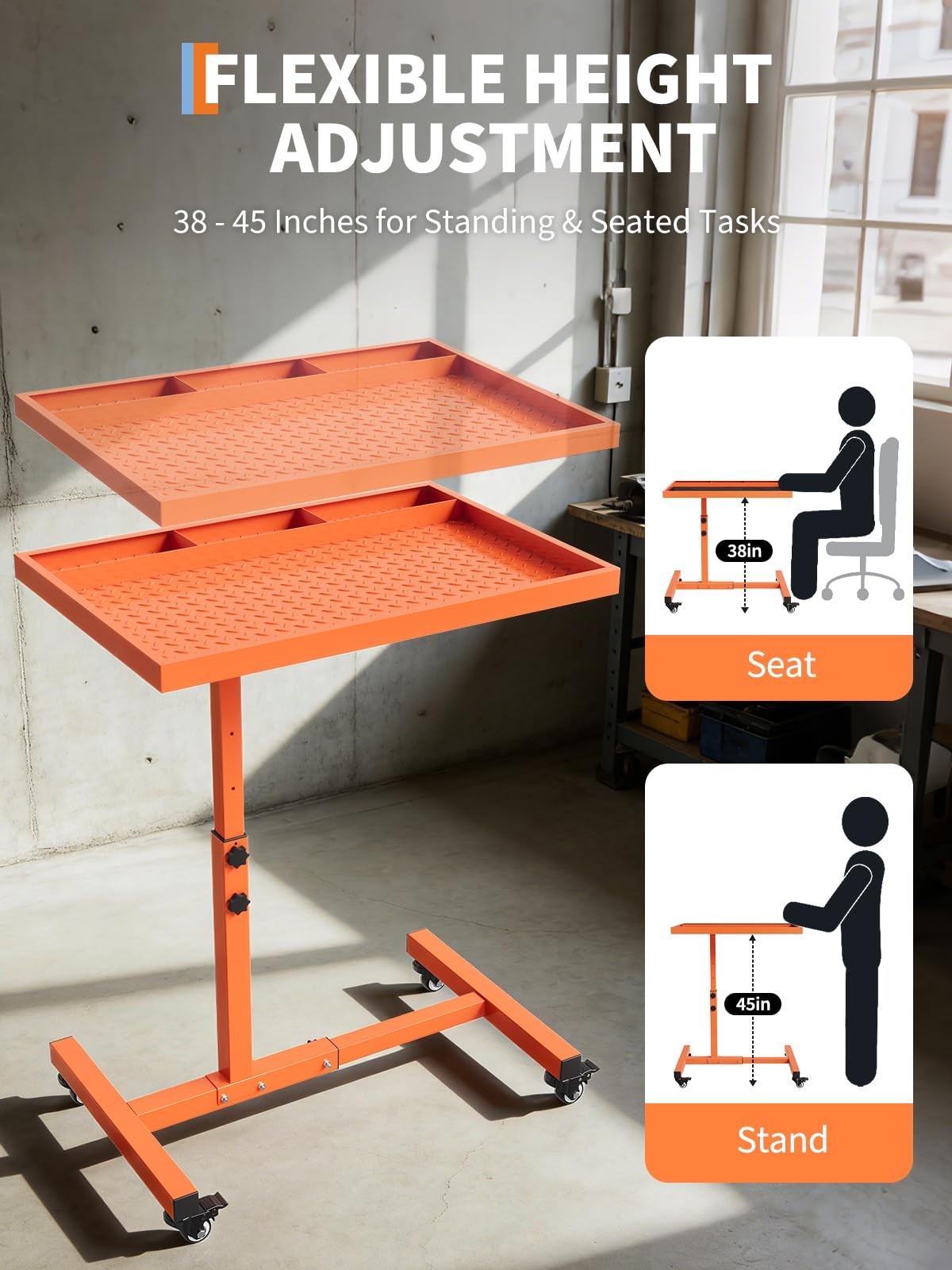 220LBS Heavy Adjustable Rolling Work Table with Tool Tray - Height 38"-45" Duty