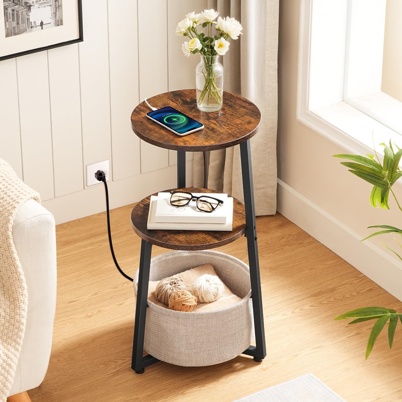 Small Round Side Table with Charging Station, Round End Table with Cotton Lin...
