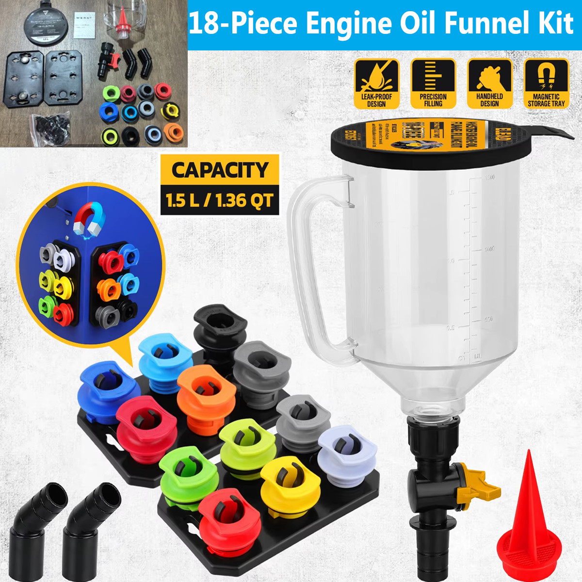 18Pcs Engine Oil Funnel Set 1.5L with 12 Adapters, GM Ford BMW Audi Oil Fill Kit