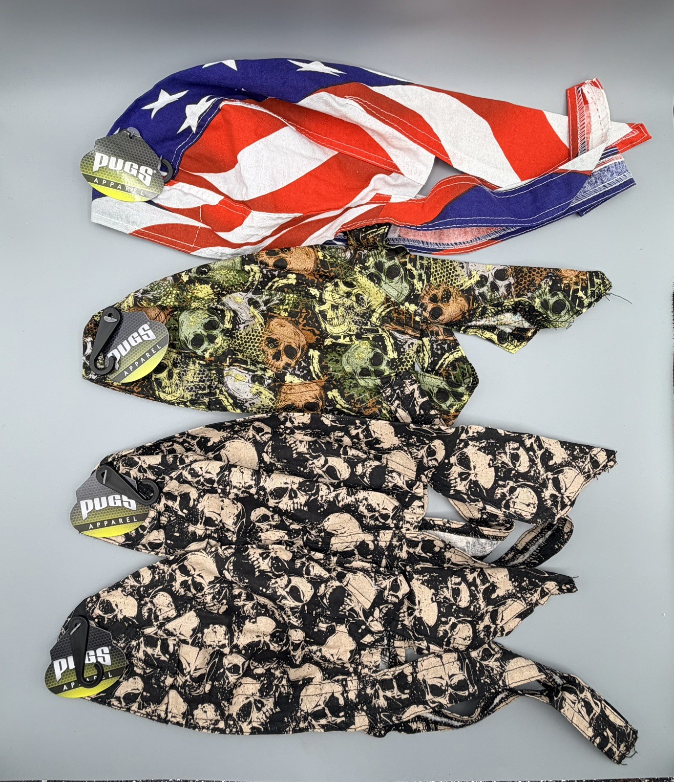 Pugs Brand Head Wrap Skull Caps Biker Durags Skulls Camo USA Flag NWT Lot of 4