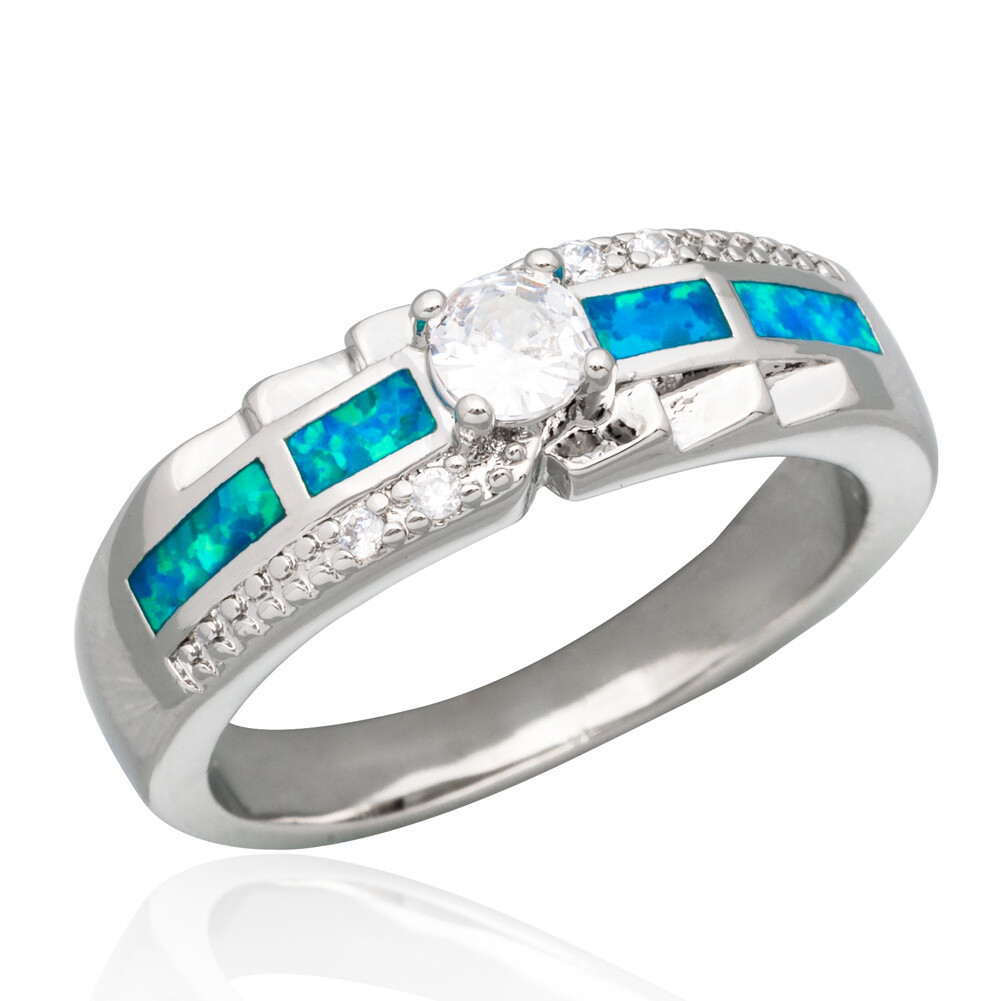 Round Simulated Moissanite Blue Fire Opal Silver Jewelry Band Ring Size 6 7 8 9