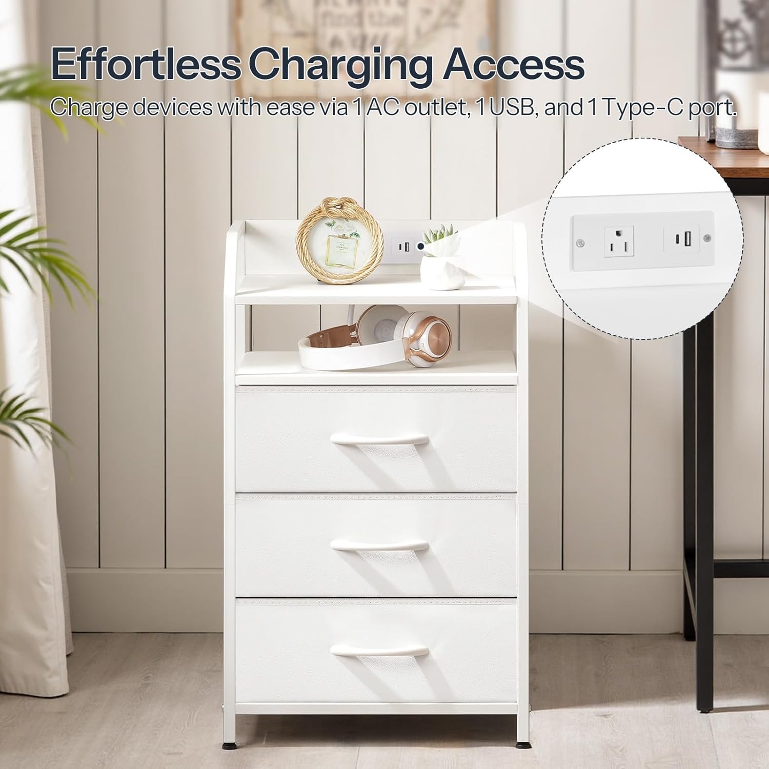 HOOBRO Nightstand with Charging Station, Bedside Table 1 AC White