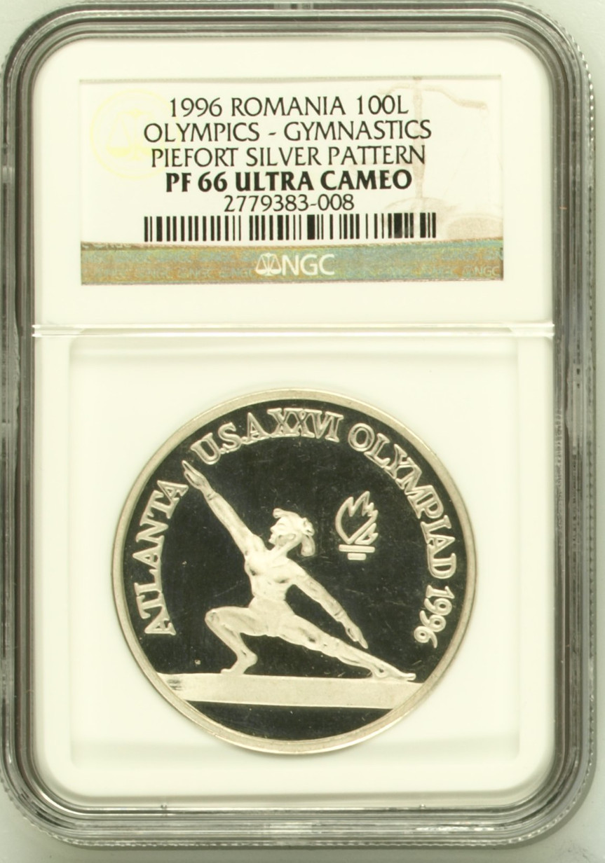 1996 Piefort Romania Silver Pattern 100L Olympics Gymnastics NGC PF66UC