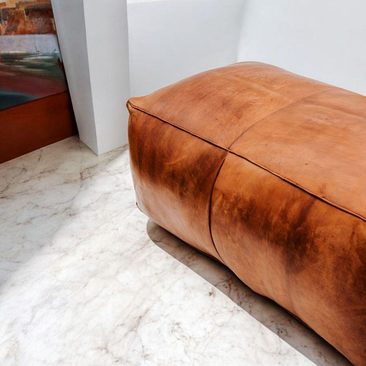Rectangular Brown Leather Ottoman - Handmade Moroccan Pouf Footstool