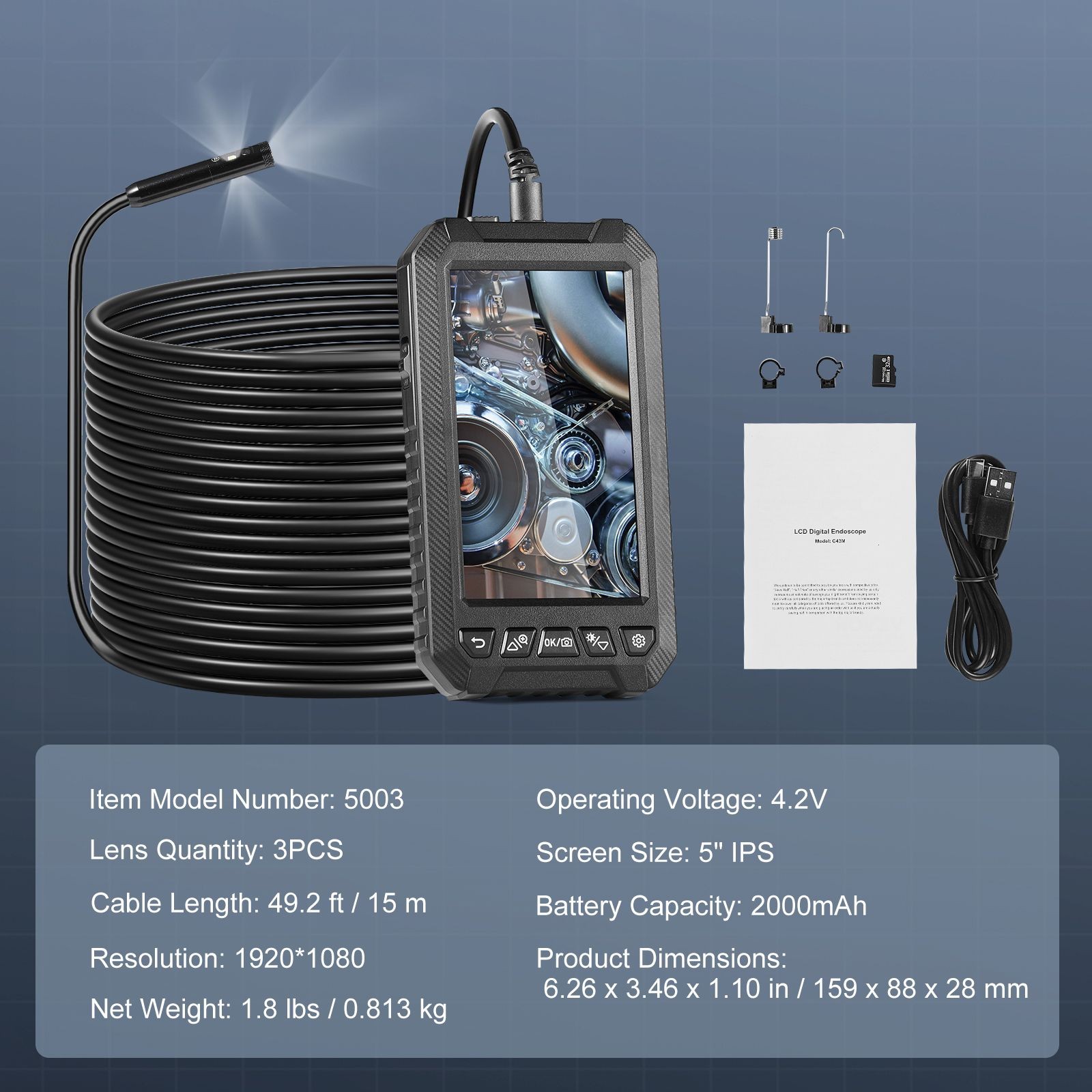 Endoscope Camera with Light, Triple Lens Borescope with 49.2FT Semi - Rigid