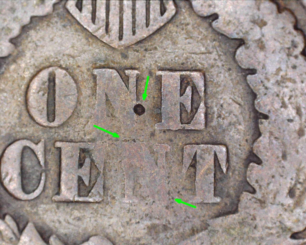 1893 INDIAN HEAD PENNY HOLE ON PLANCHET REVERSE & WEAK "N",  MINT ERROR