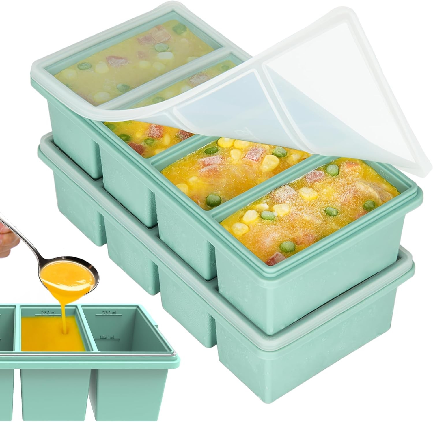 Silicone Freezer Trays with Lids, 1-Cup Soup large cube ice tray, Green