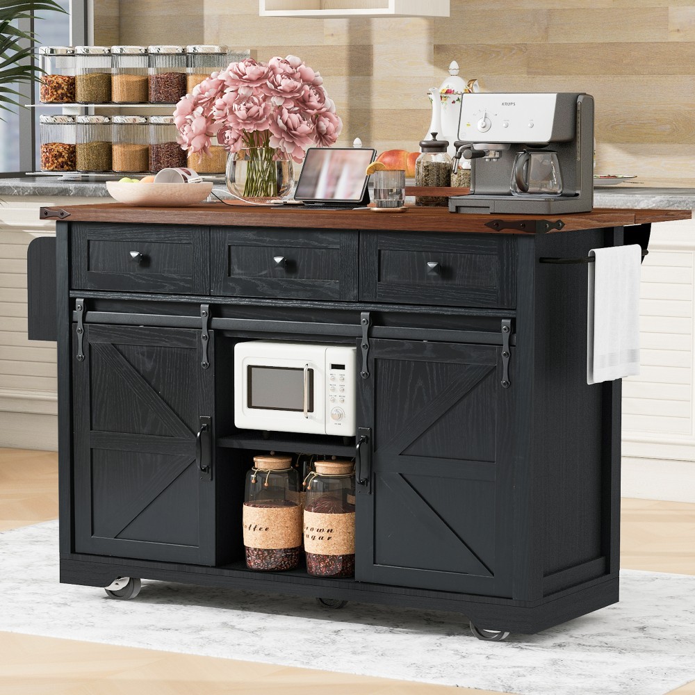 53.7" Farmhouse Kitchen Island with Power Outlet, 2 Sliding Barn Door