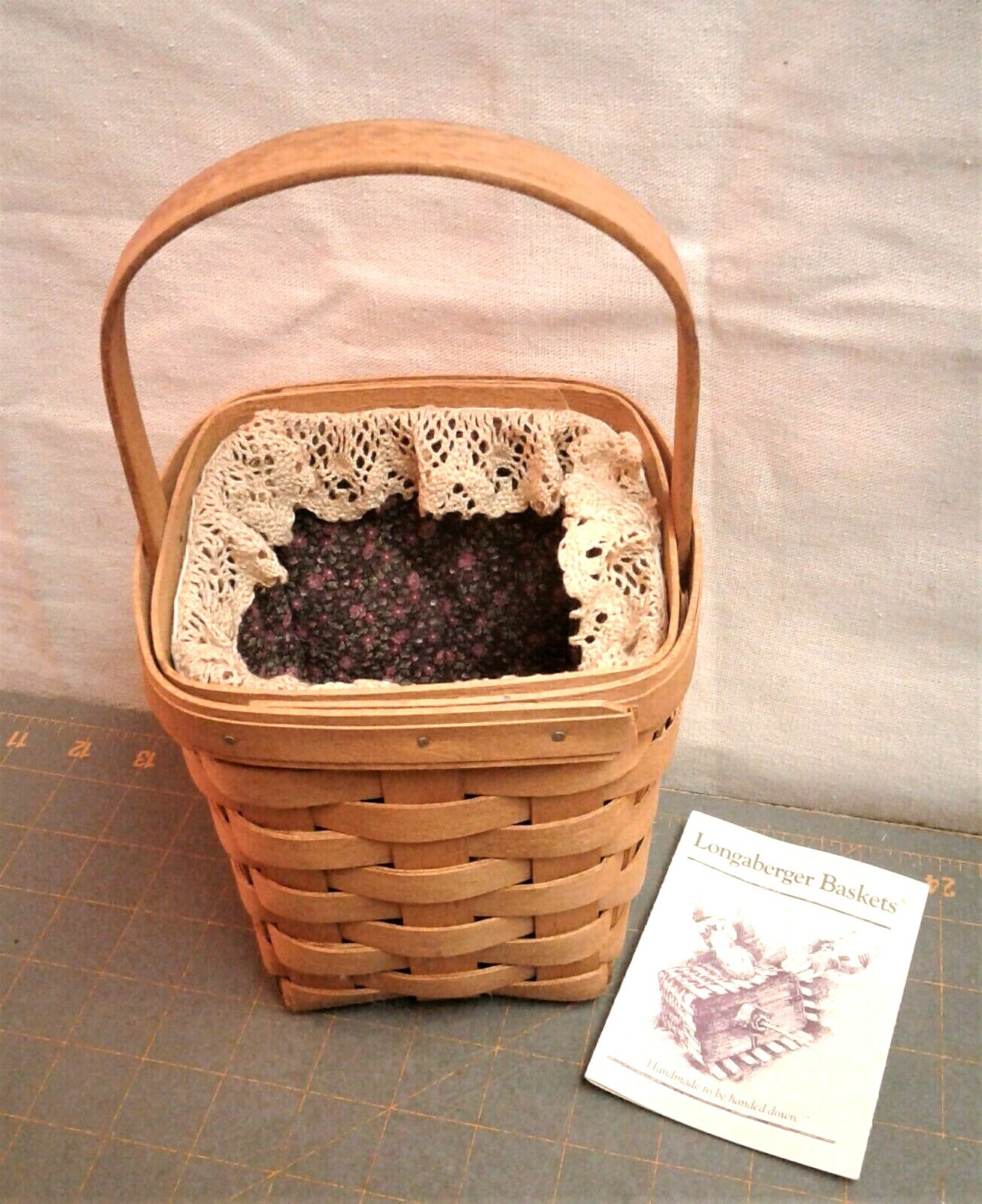 Small Longaberger Basket 1991 Square w Handle Quilted Floral and Lace Liner