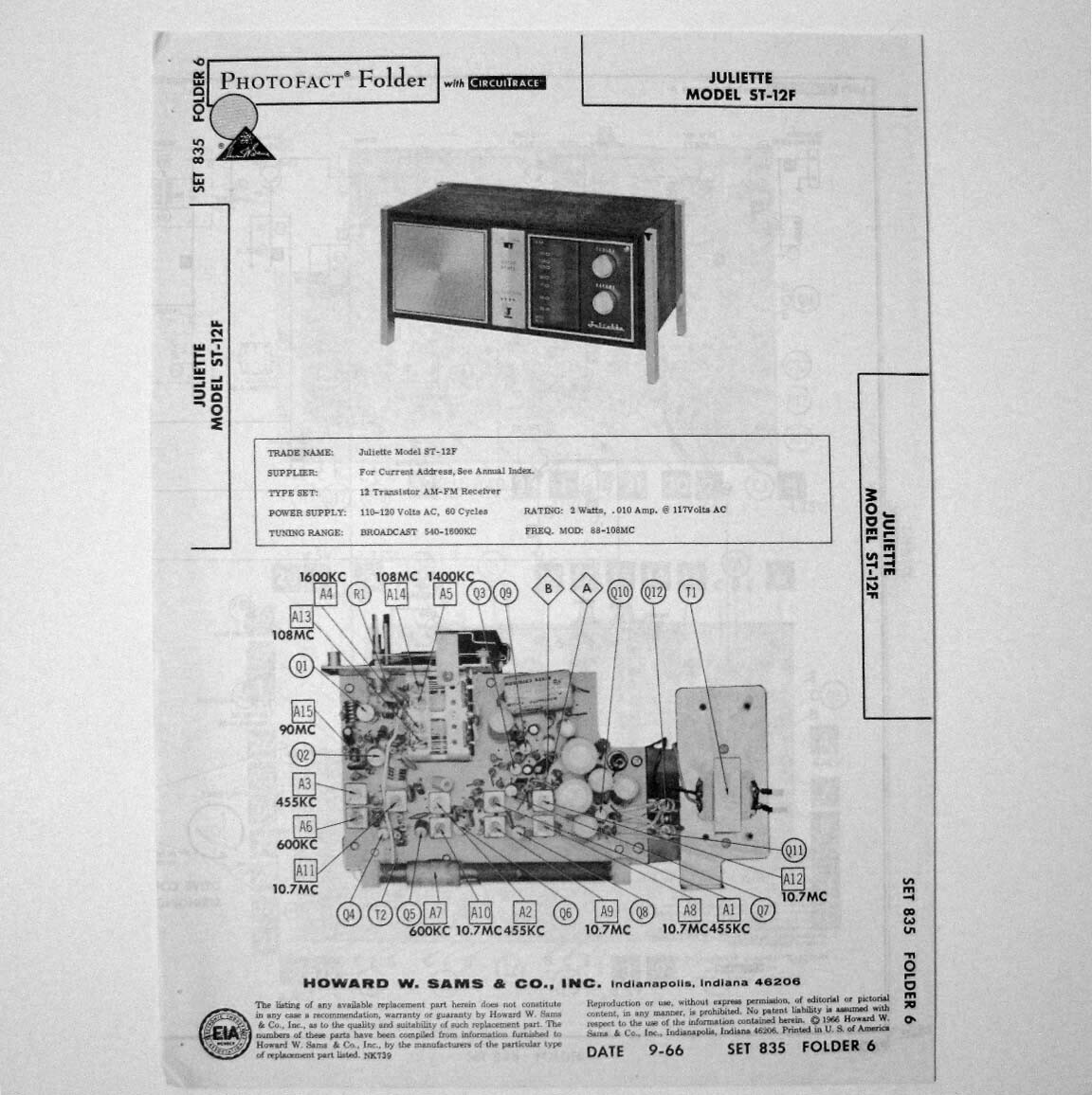 Juliette Model ST-12F AM FM Receiver - SAMS Photofact ™ 1966 - New NOS