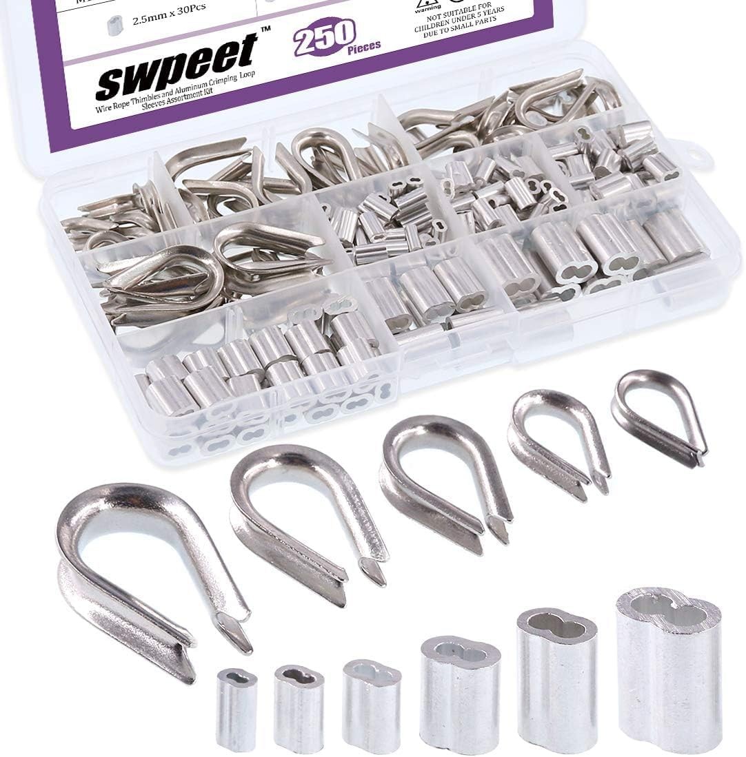 250Pcs 1/8" 304 Stainless Steel Rope Cable Thimbles & Aluminum Crimping Sleeves