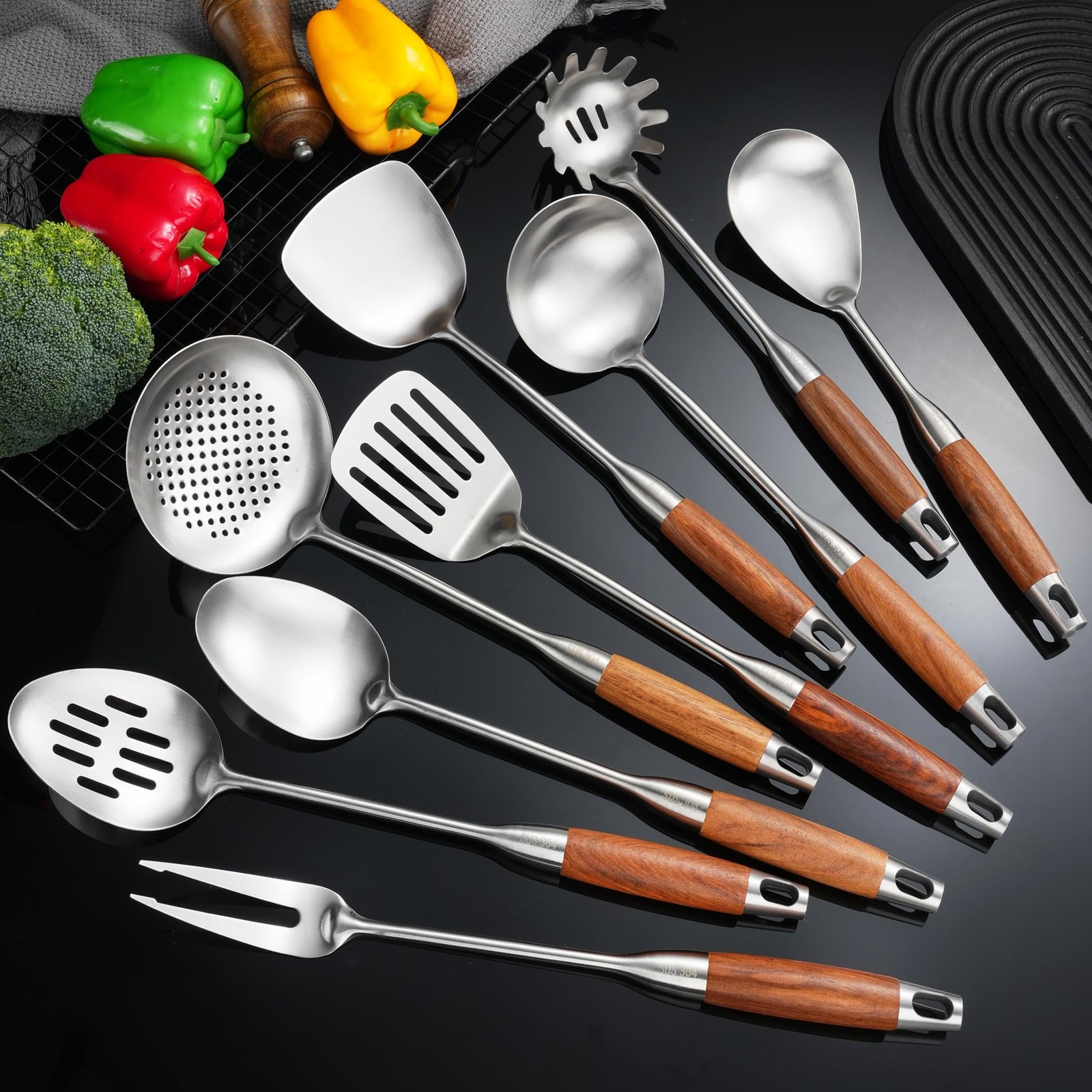 NIITAWH Stainless Steel Kitchen Utensils 12.5"-14" Wooden Handle Metal Cookin...
