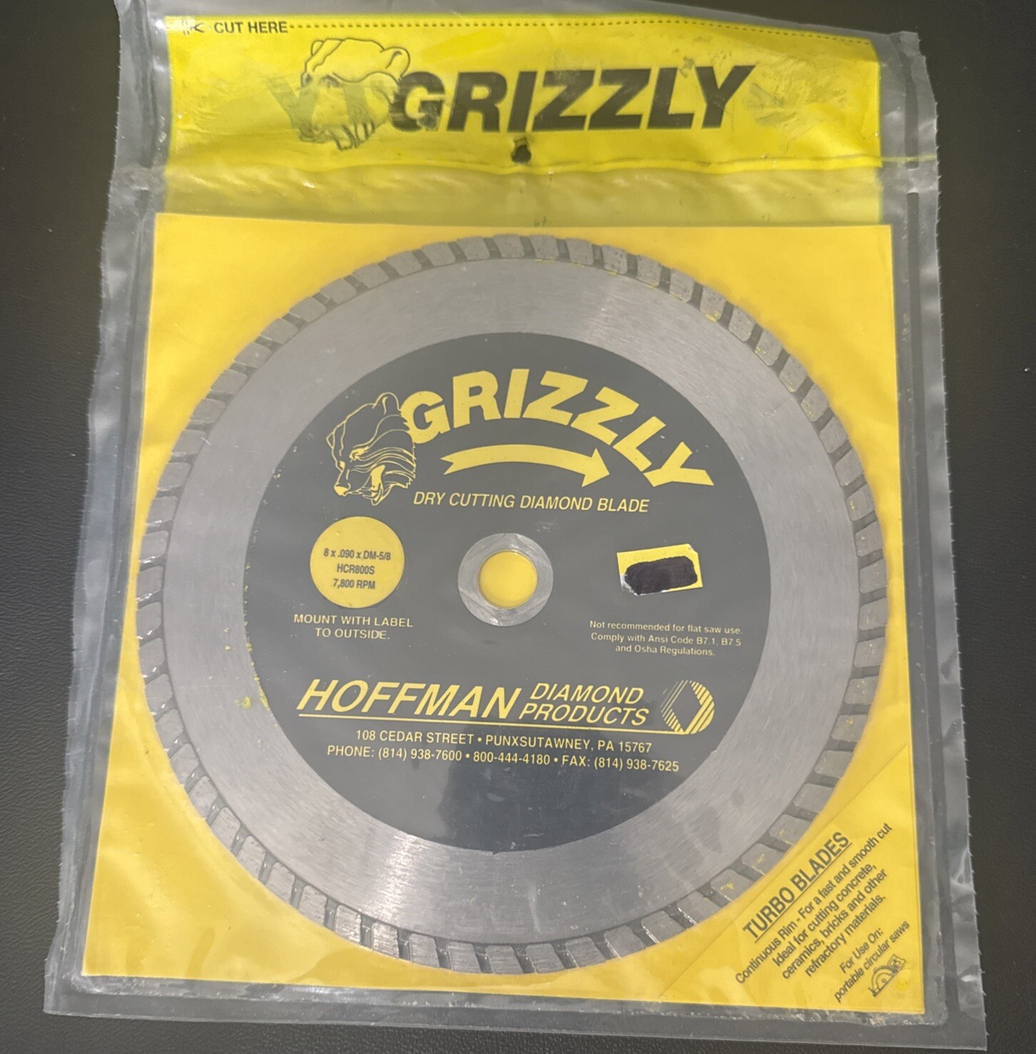 NOS GRIZZLY HOFFMAN CIRCULAR 8” DRY DIAMOND SAW BLADE HCR800S 8 X .090 X DM 5/8”