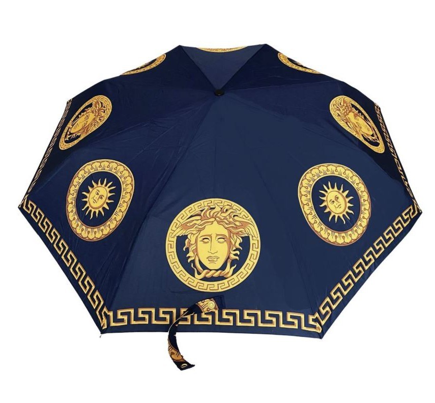 1990s Gianni Versace Navy Blue Gold Medusa Compact Folding Umbrella New
