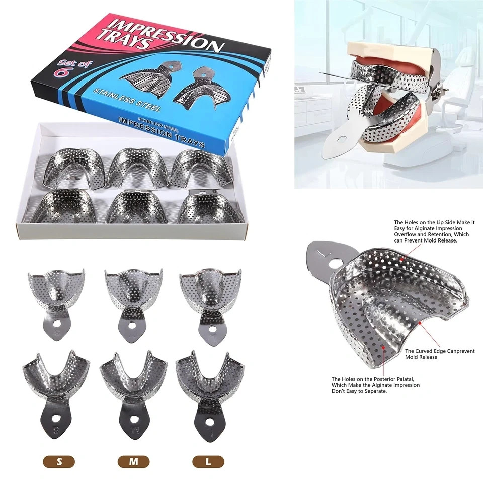 6 Pcs Dental Stainless Steel Metal Impression Trays Hole Upper + Lower S/M/L