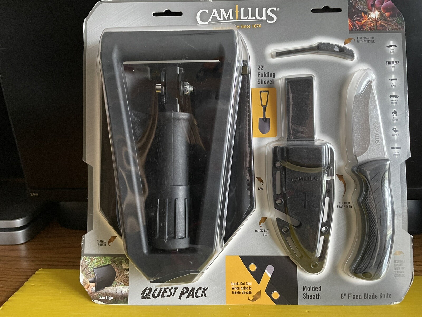 CAMILLUS QUEST PACK W/22” SHOVEL-8” KNIFE W/SHEATH-FIRE STARTER-WHISTLE NIP
