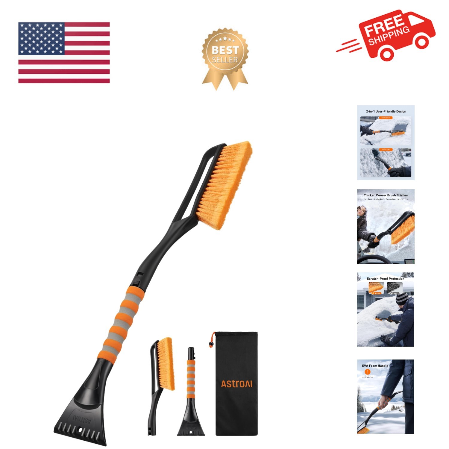 27" Snow Brush and Ice Scrapers for Car Windshield, Detachable Snow Removal w...