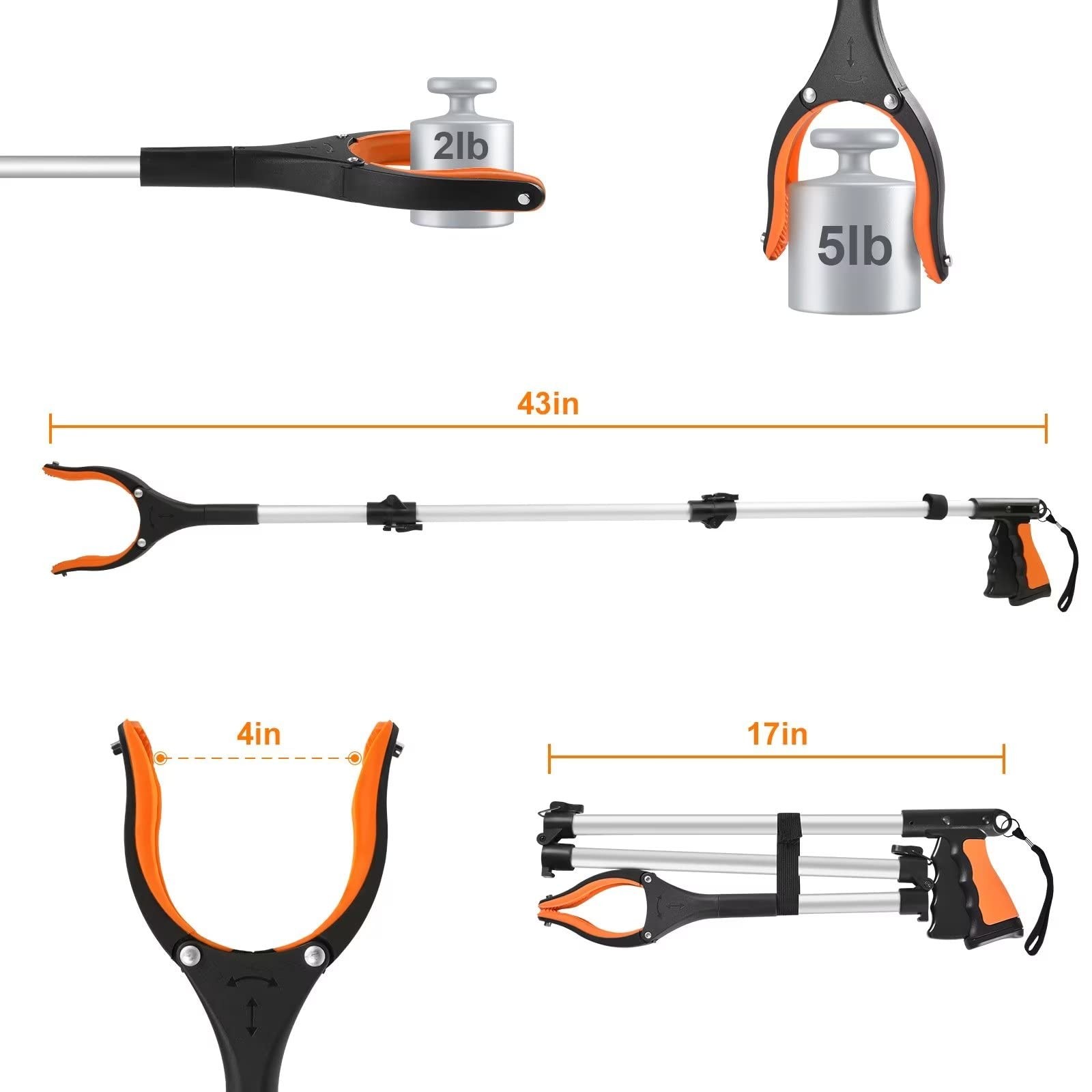 43" Extra Long Grabber Tool, Foldable Grabbers for Elderly 43 Inch, Orange