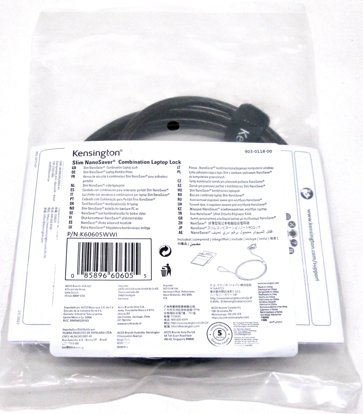 New/Sealed Kensington Slim NanoSaver Combination Laptop Lock (K60603WW)