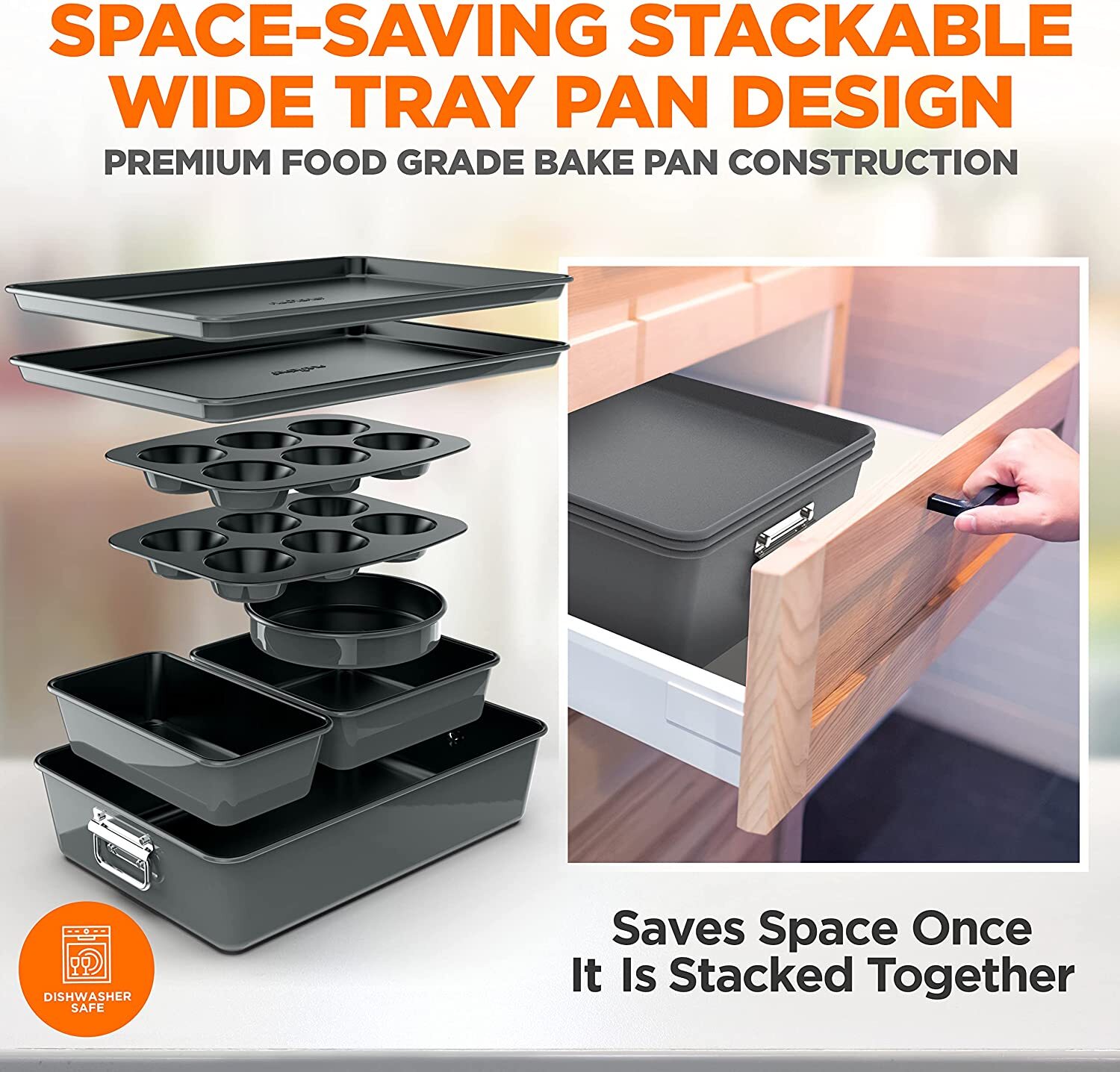 Nutrichef NCBKSTK7 8Pc Stackable Carbon Steel Bakeware-Gray