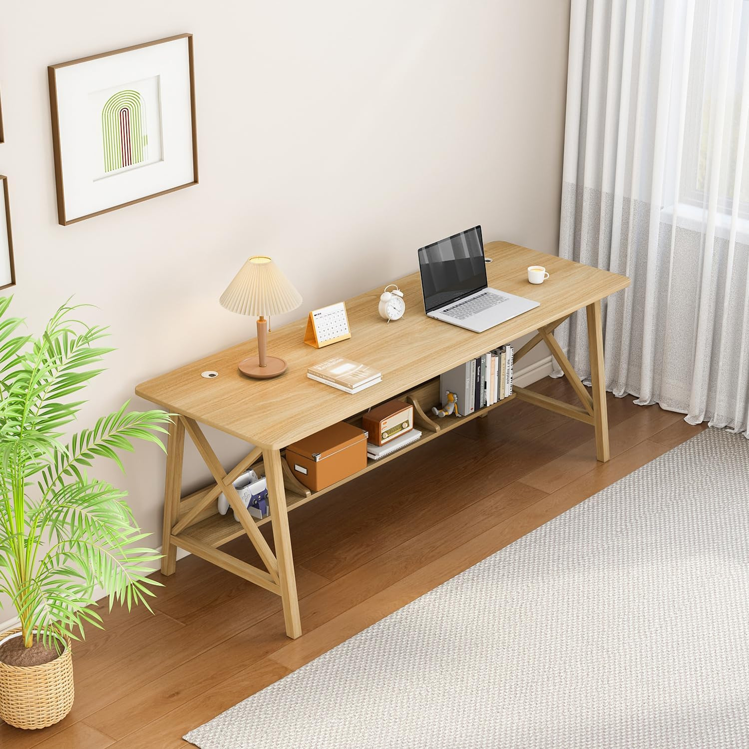 Extra Long Solid Wood Desk with Bookshelf - 63" Home Office Workstation