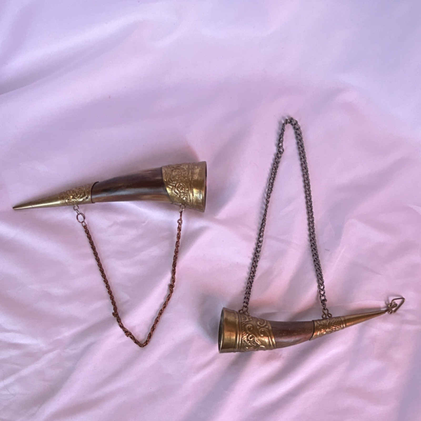 Vintage Brass Powder Horn Perfume Bottle Necklace Chatelaine Vanity Accessory