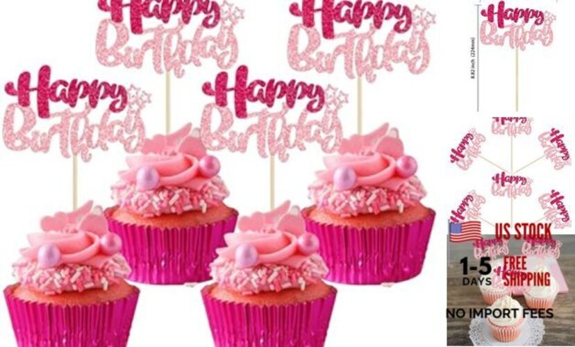 Ephlyn 24Pcs Happy Birthday Cupcake Toppers Double Layer Rose Red Pink Style 1