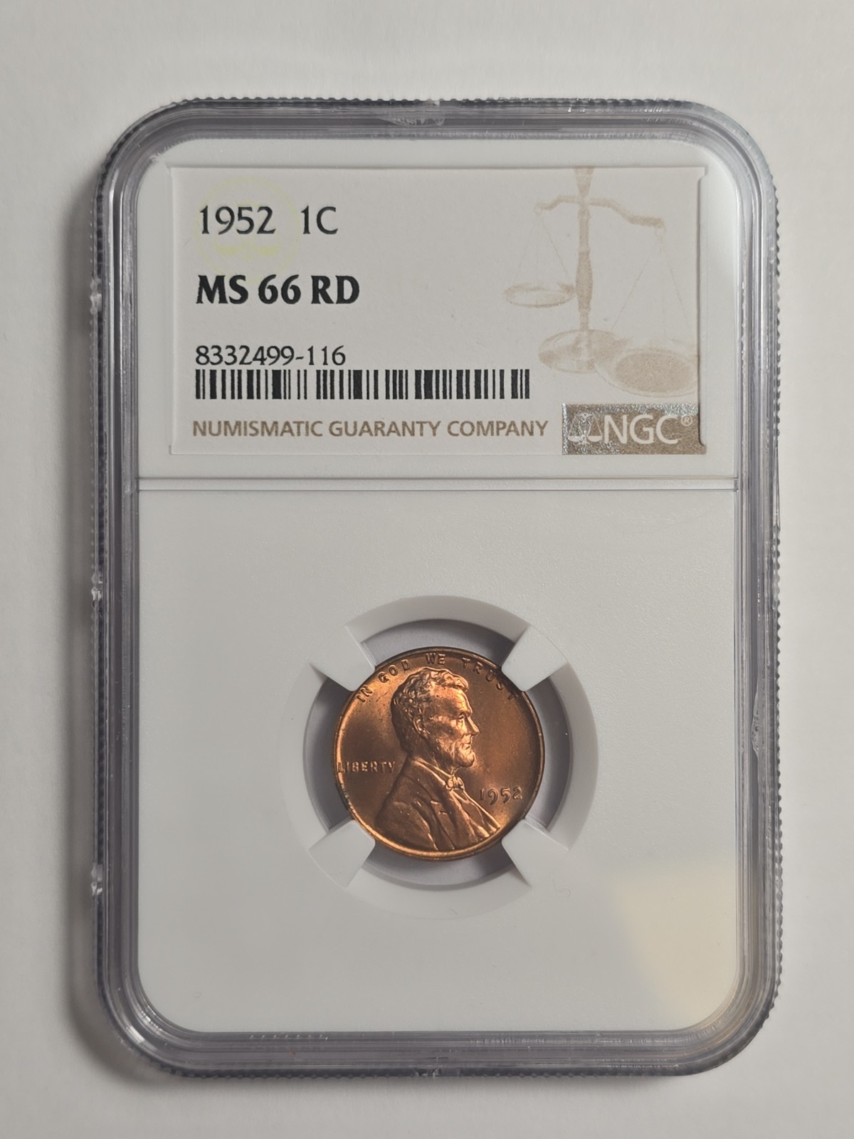 1952 LINCOLN WHEAT CENT NGC MS 66 RD