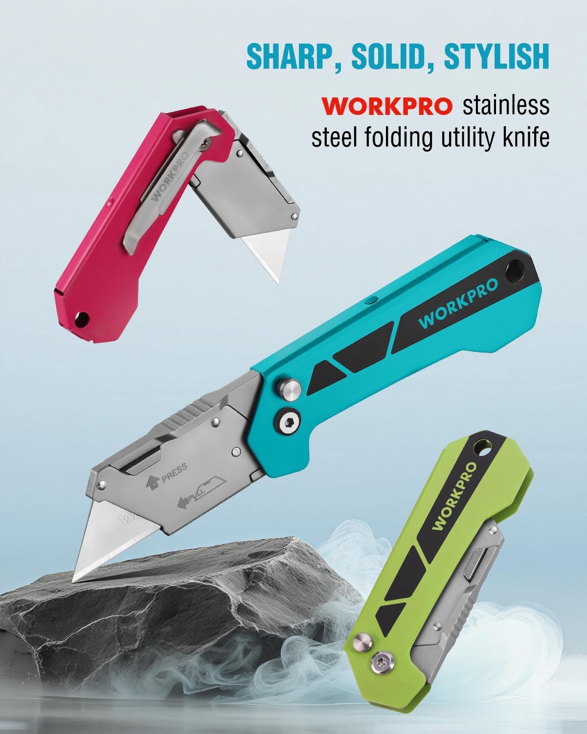 Folding Utility Knife Blue RustResistant Box Cutter Warehouse Tools 10 Blades