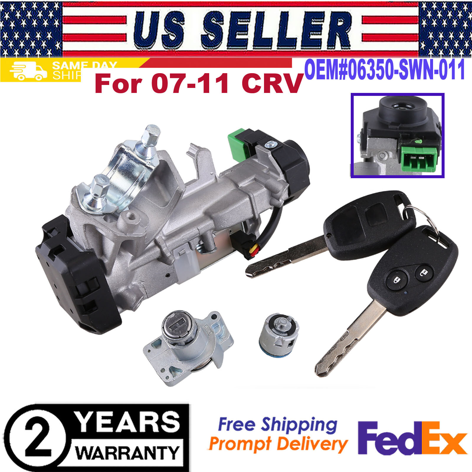 Fits 07-11 CRV IGNITION & DOOR LOCK CYLINDER SWITCH ASSEMBLY SET 2 REMOTE KEYS