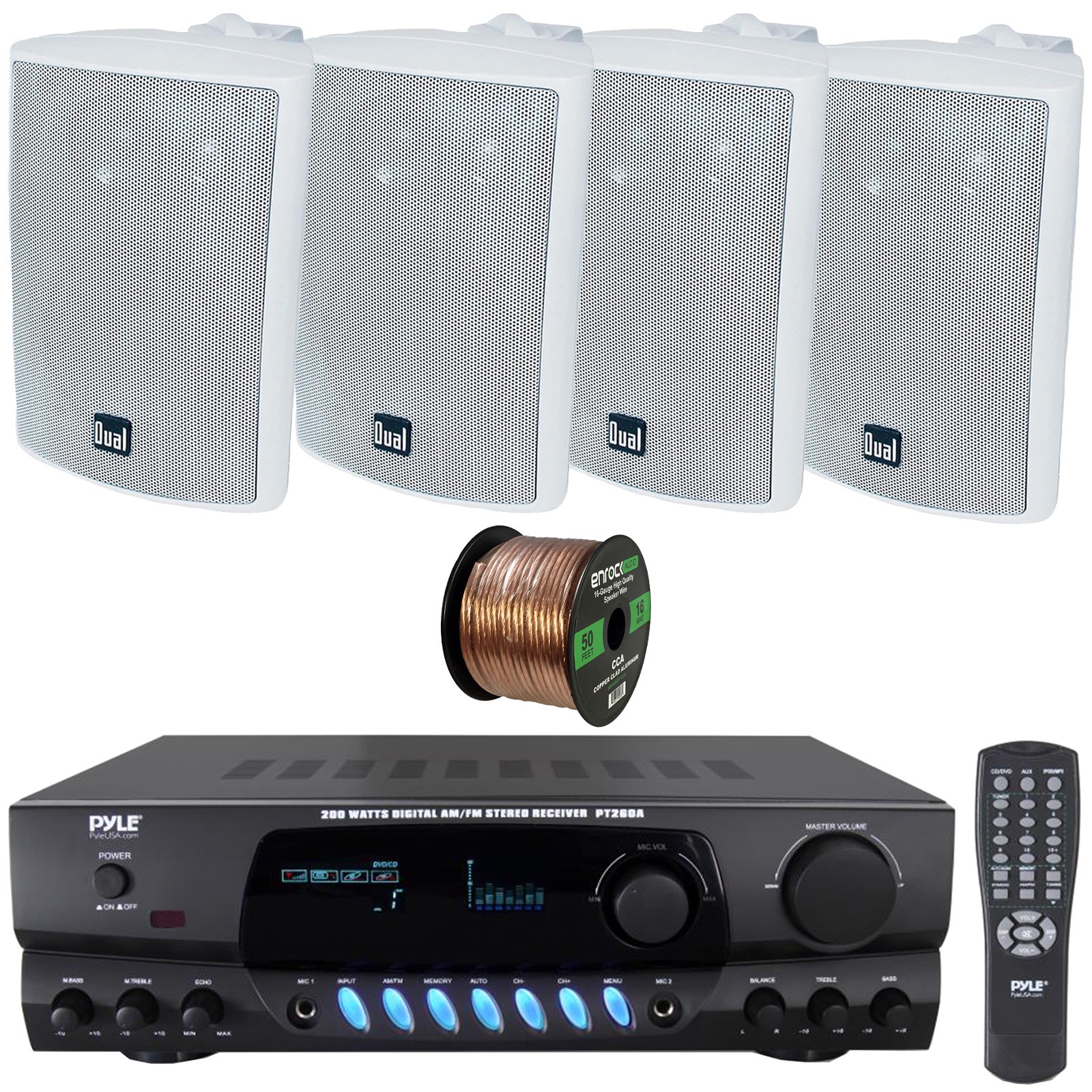 Pyle Audio Amplifier Stereo Receiver, 4x 4" 200W Max 3-Way White Speakers, Wire