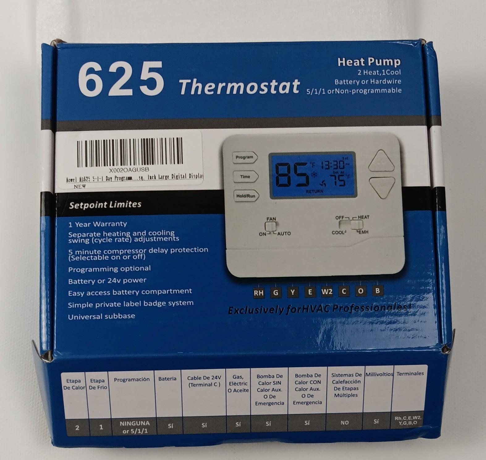 625 Programmable Heat Pump Thermostat 5-1-1 Day 2 Heat/1 Cool White