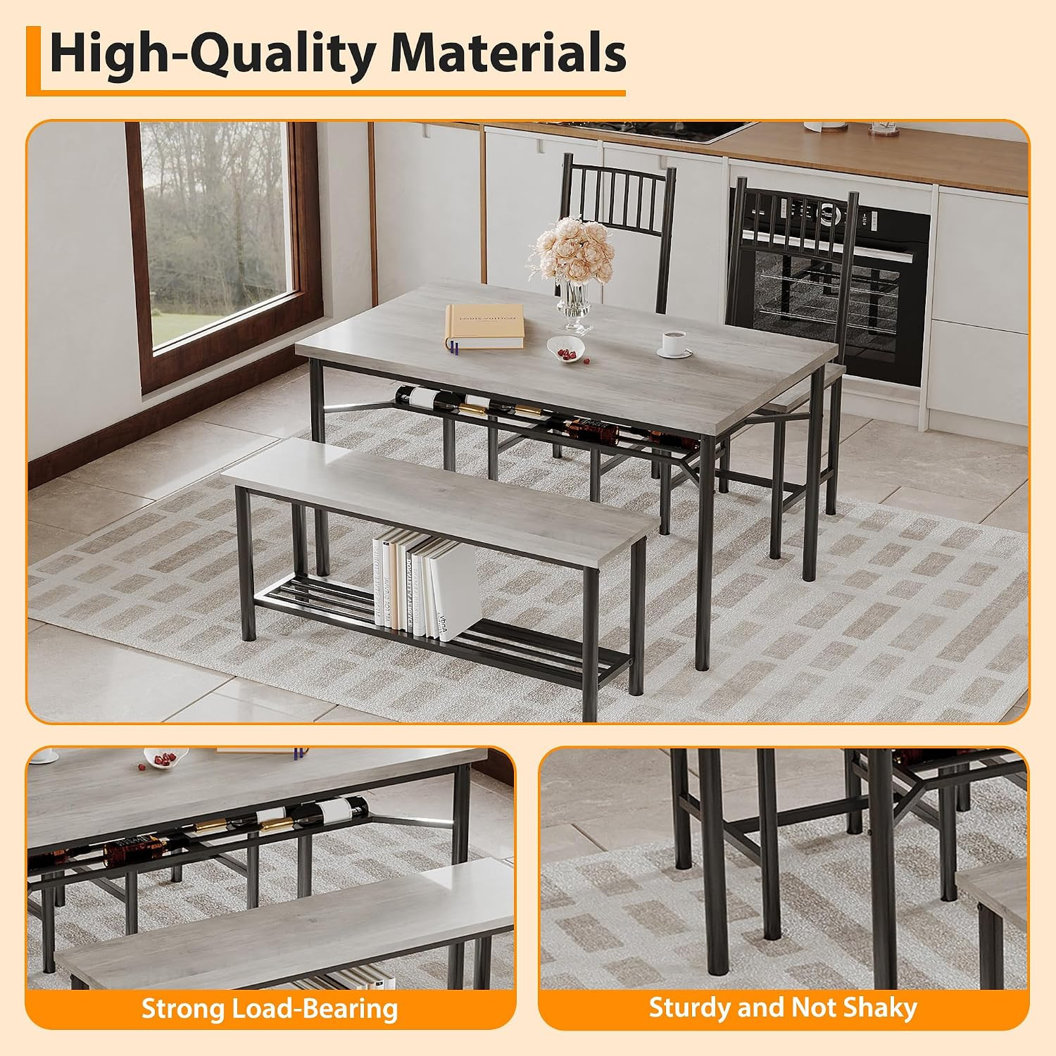 Farmhouse Dining Table Set for 4,Rectangular Kitchen Table with 2 Upholstered Ch