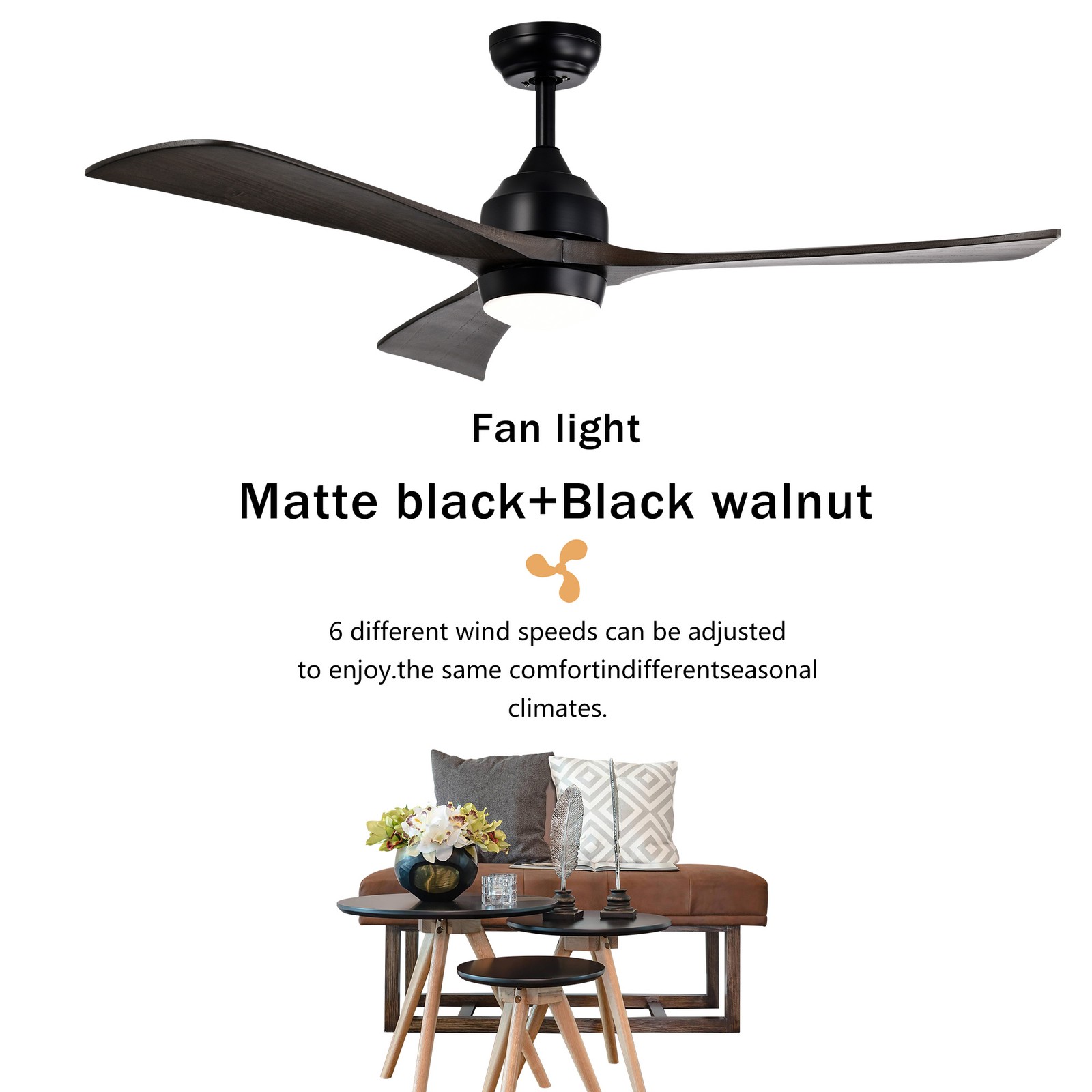 52"Solid Wood Blades Ceiling Fan Lights Remote Control,Quiet DC Motor 3 Blade