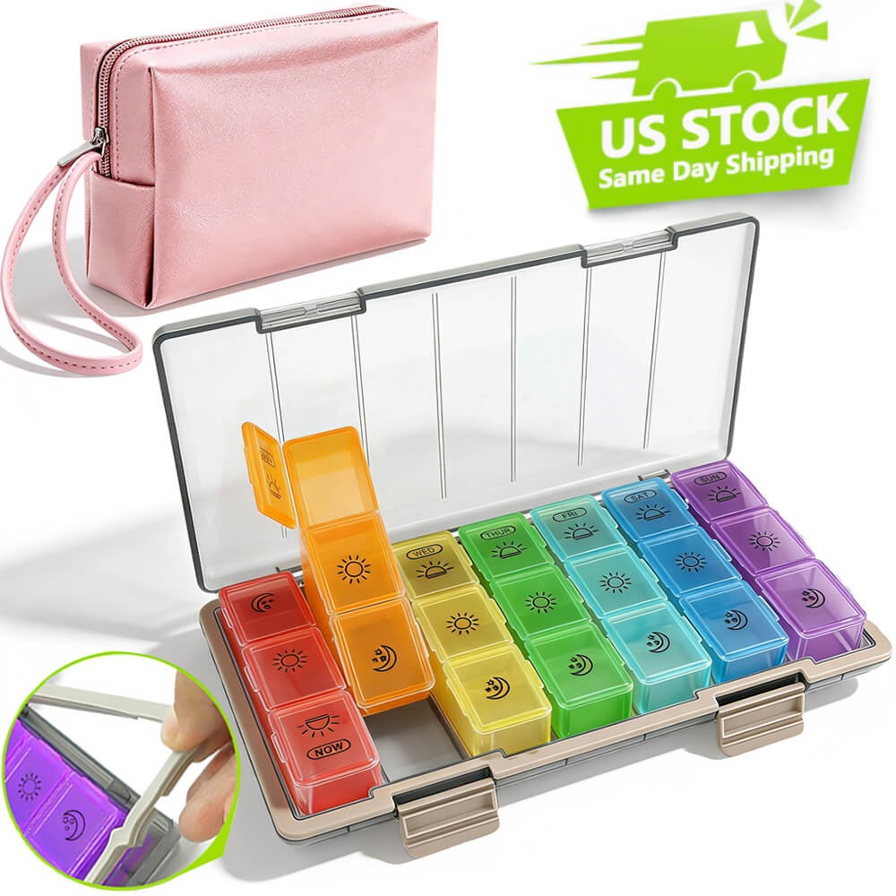 Weekly Pill Organizer 3 Times A Day Pill Box Container 7 Day with PU Leather Bag