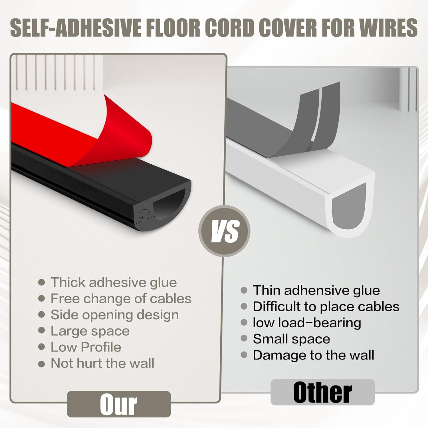 Silicone Wall Wire Hider, Side Open Wire Covers for Cords on Wall, 10FT Self-Adh
