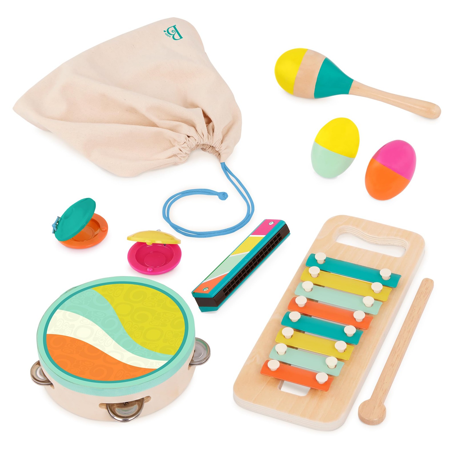 B. Toys B. A 9 Pieces Wooden Musical Tambourine Storage Bag 2 Years Bx2329Z