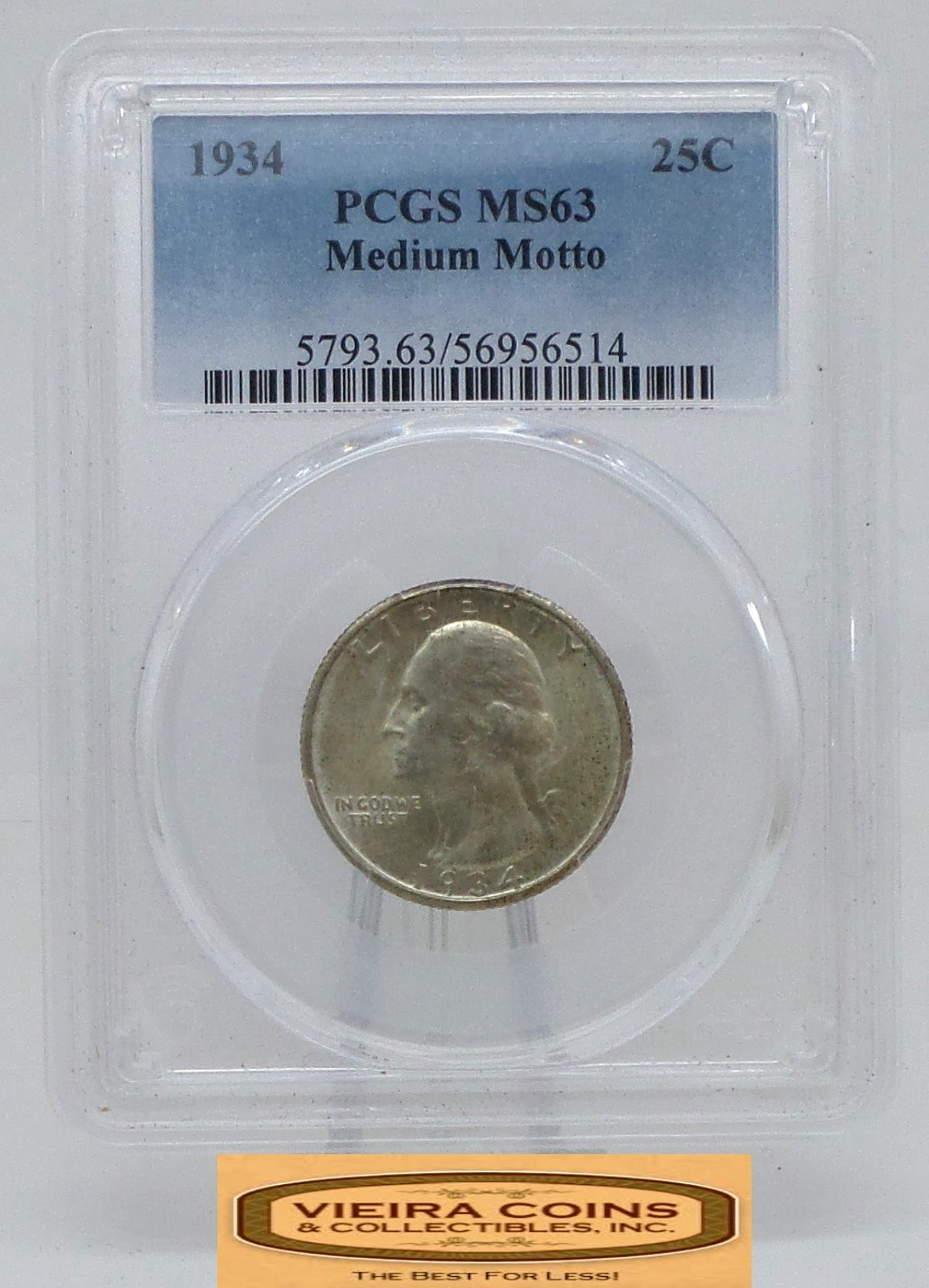 1934 Washington Silver Quarter 25C, PCGS MS63, Medium Motto - #B61815