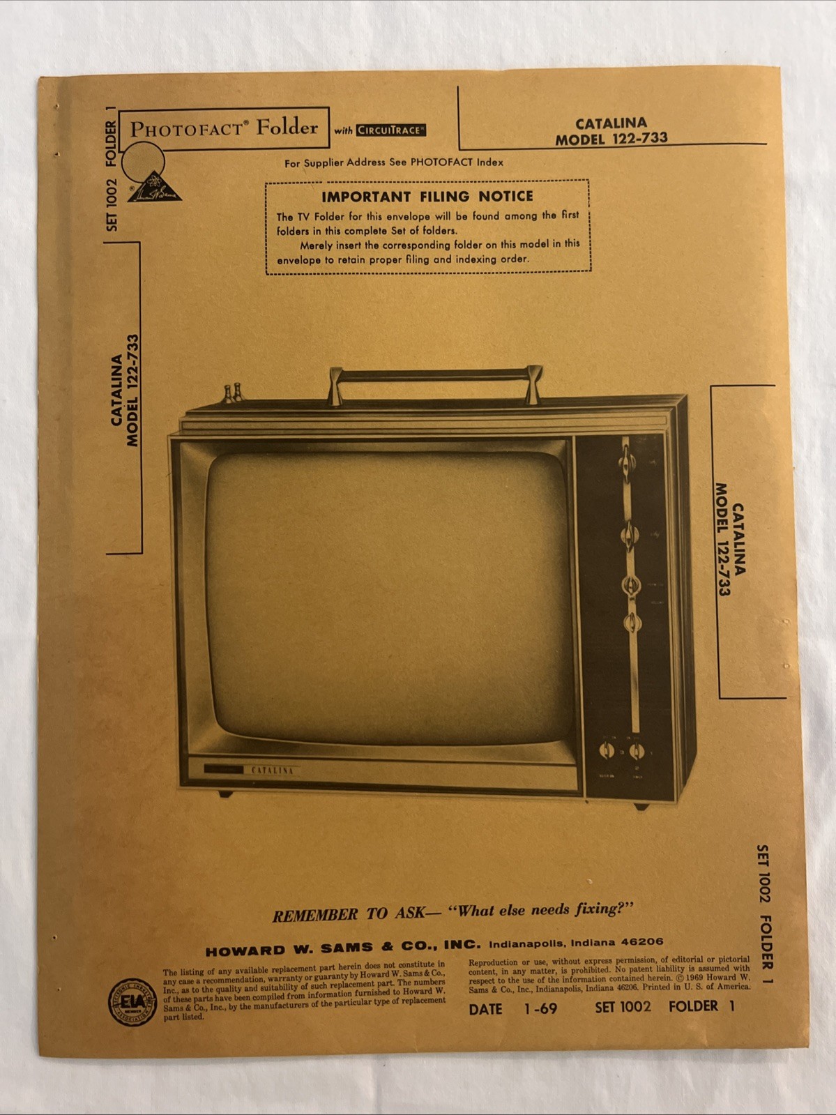 Vintage Sams Photofact Schematic 1-1969 CATALINA MODEL 122-733