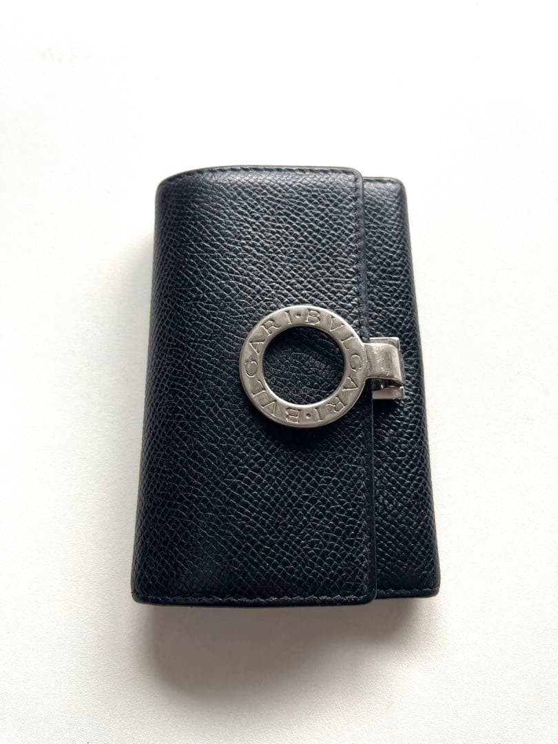 BVLGARI 6 Key Holder Black Leather Logo Ring Italy Wallet Case