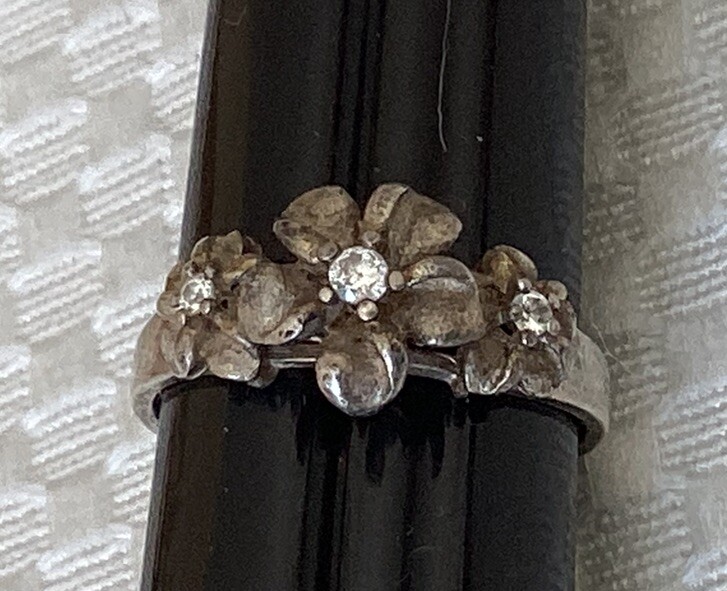 Vtg Ring Silver Plumeria 3 Flowers Cubic Zirconia Stones Sterling 925 Size 7.25