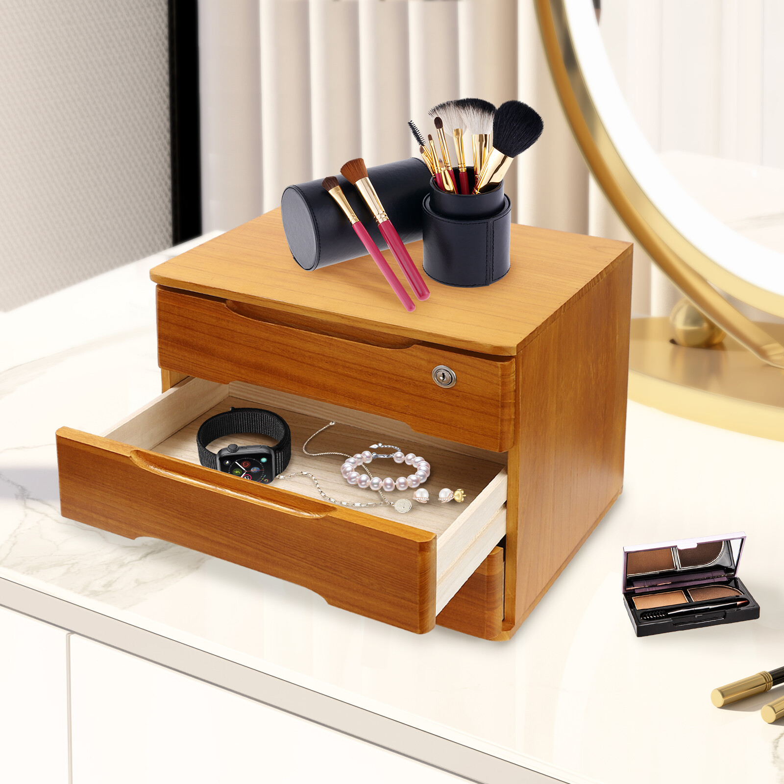 17.72" Yellow 3-Tier Desktop Organizer with Lockable Drawers - Compact Design