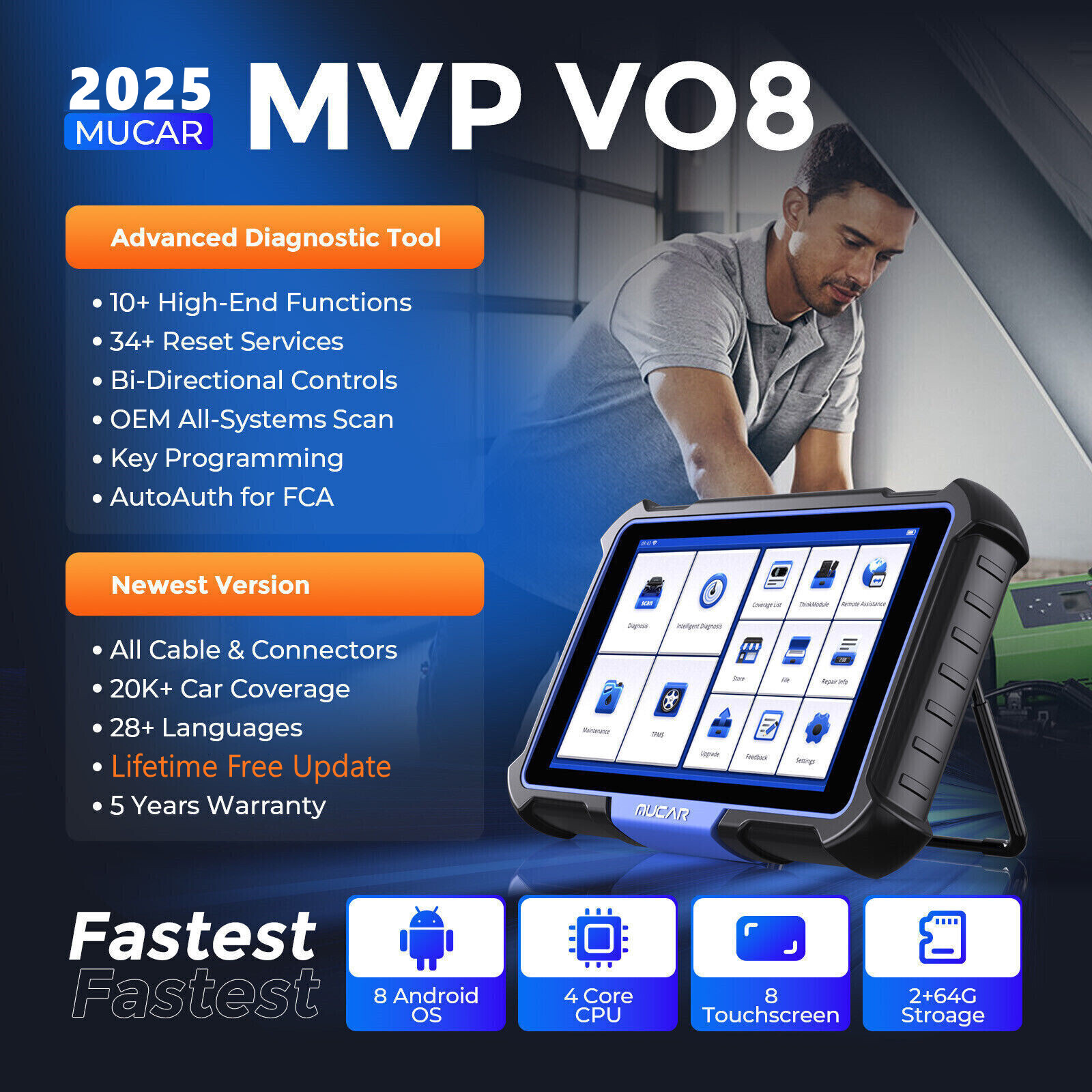 Newest MUCAR VO8 Key All System Diagnostic OBD2 Scanner 34+ Services Action Test