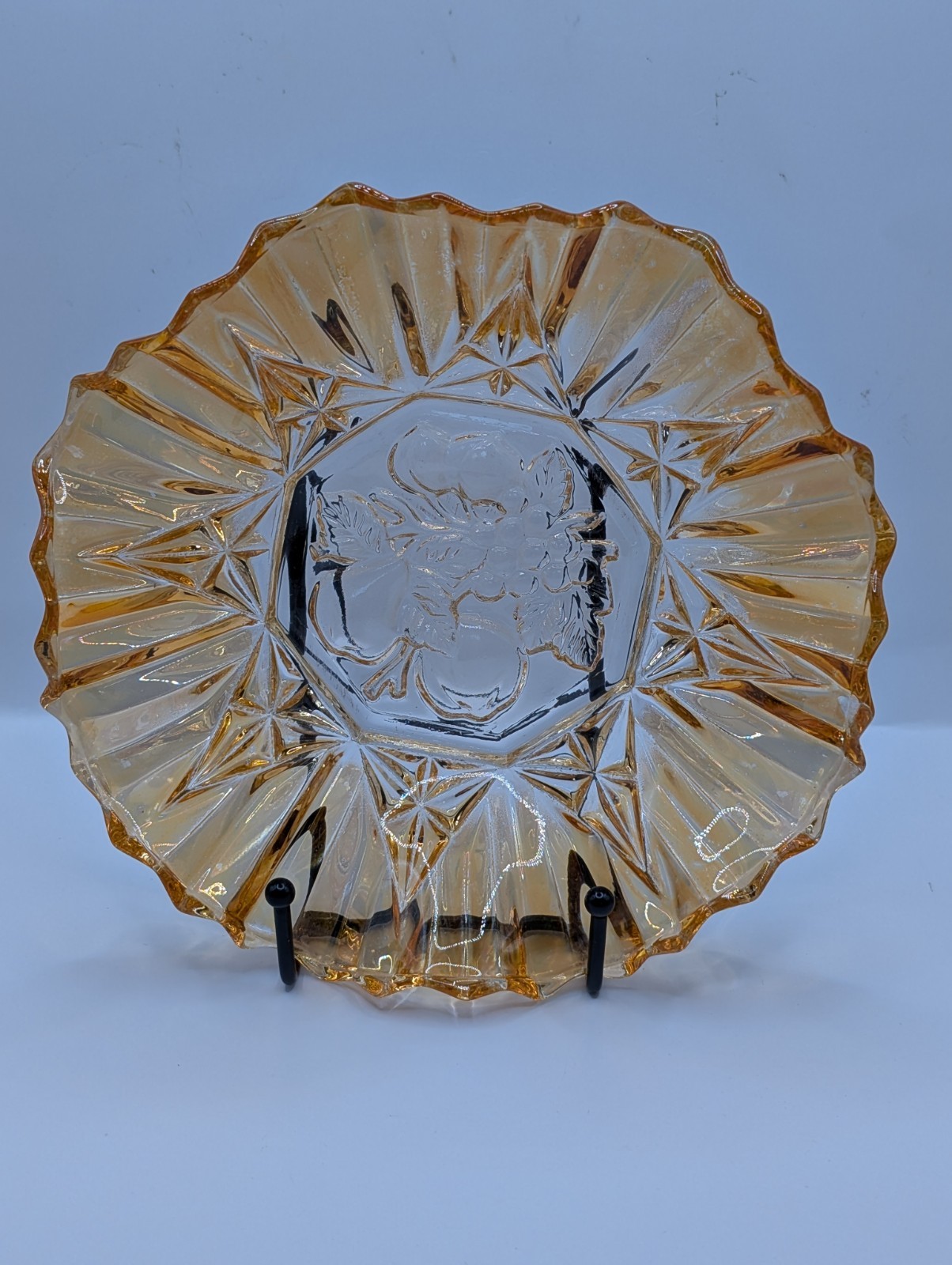 Vtg Federal Glass Pioneer Fruit Pattern Amber Octagon Dish Fluted Edge 7"