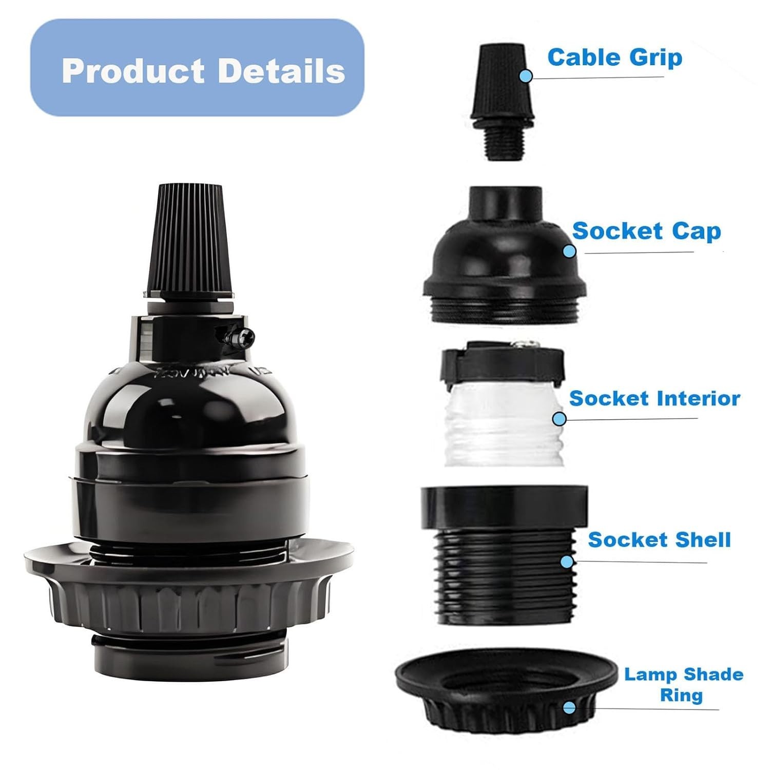 Keyless Medium Base Vintage Socket,Black Bakelite Socket E26/E27 Vintage Scre...