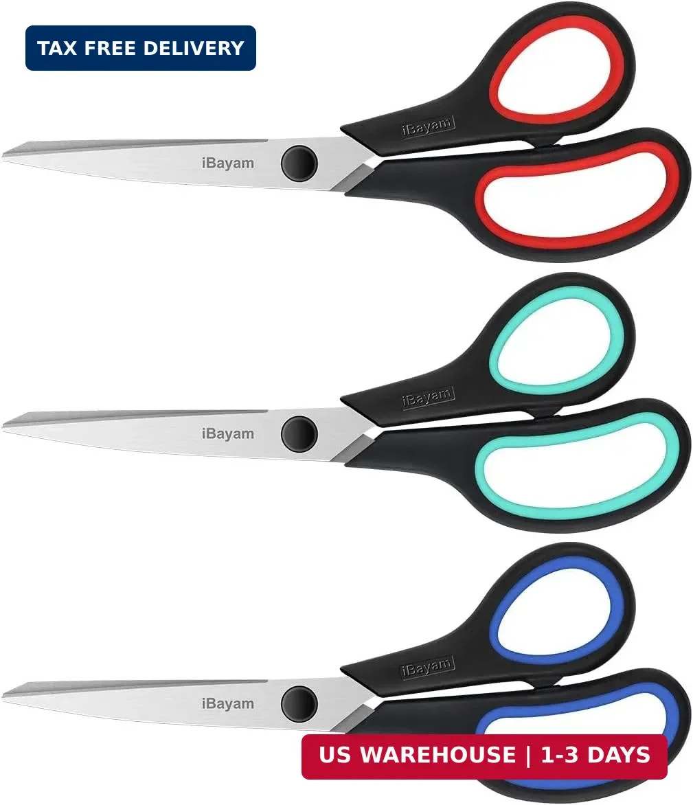 iBayam 3-Pack 8" Heavy Duty Scissors with Ultra Sharp Blades and Comfort Grip Ha