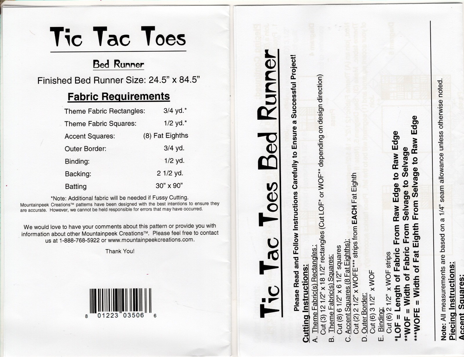 "Tic Tac Toes" Mountainpeek Creations Sewing Piecing Pattern # 379 24½"x 84½"