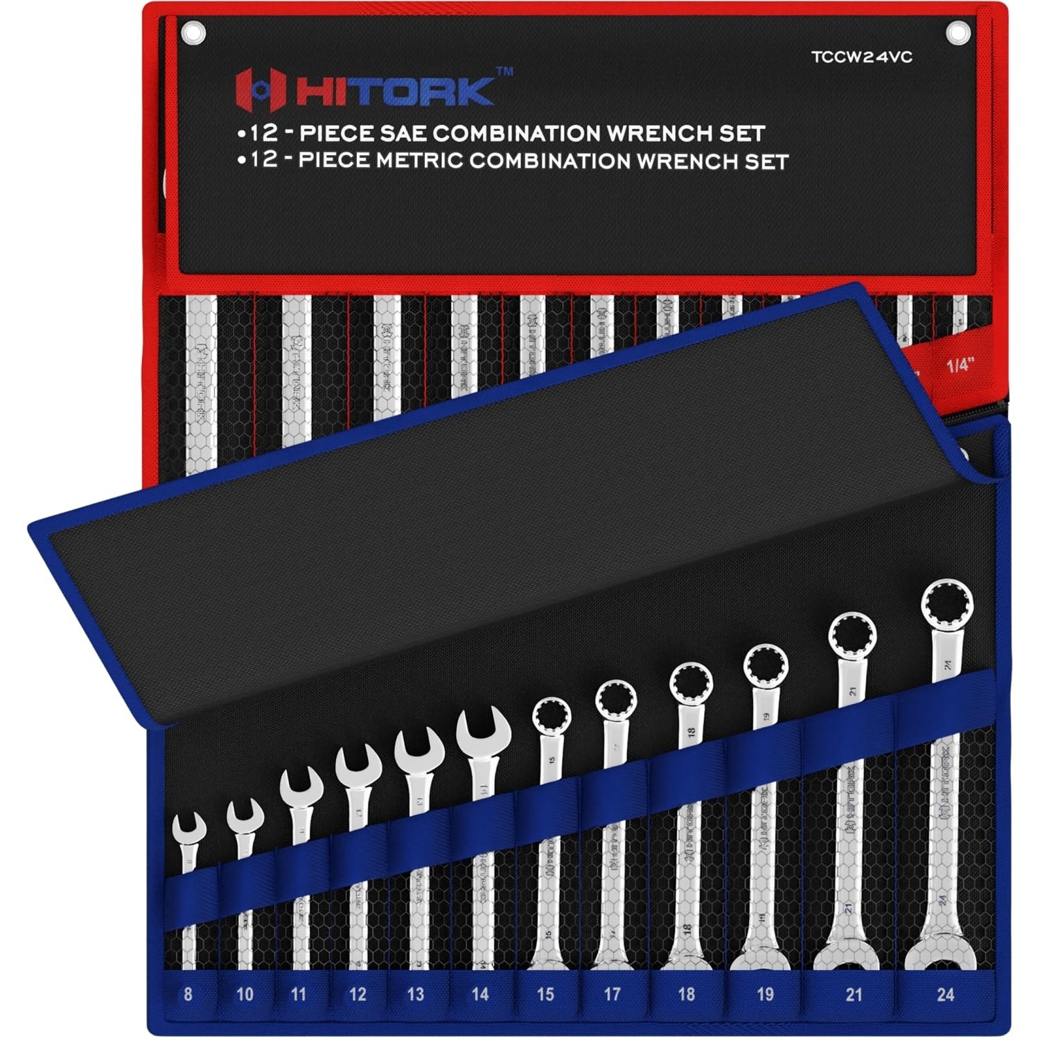 Hitork 24-Piece Combination Wrench Set, SAE (1/4"–1") & Metric (8–24