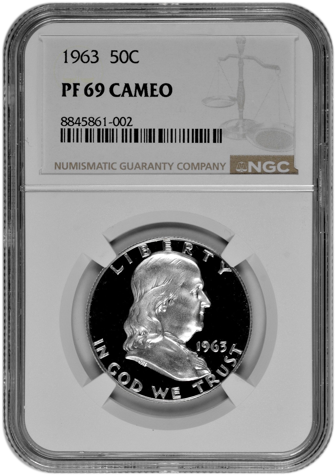 1963 50C Proof Silver Franklin Half Dollar NGC Graded PF 69 Cameo White Coin