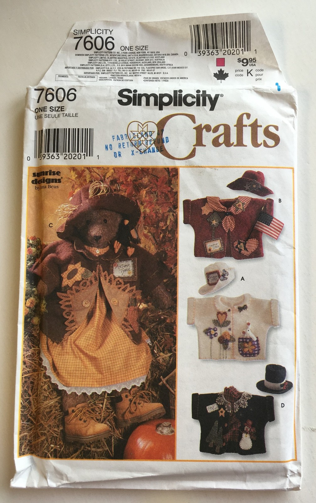 Simplicity Crafts Sewing Pattern 7606 Stuffed Bear doll 31", Clothes + applique